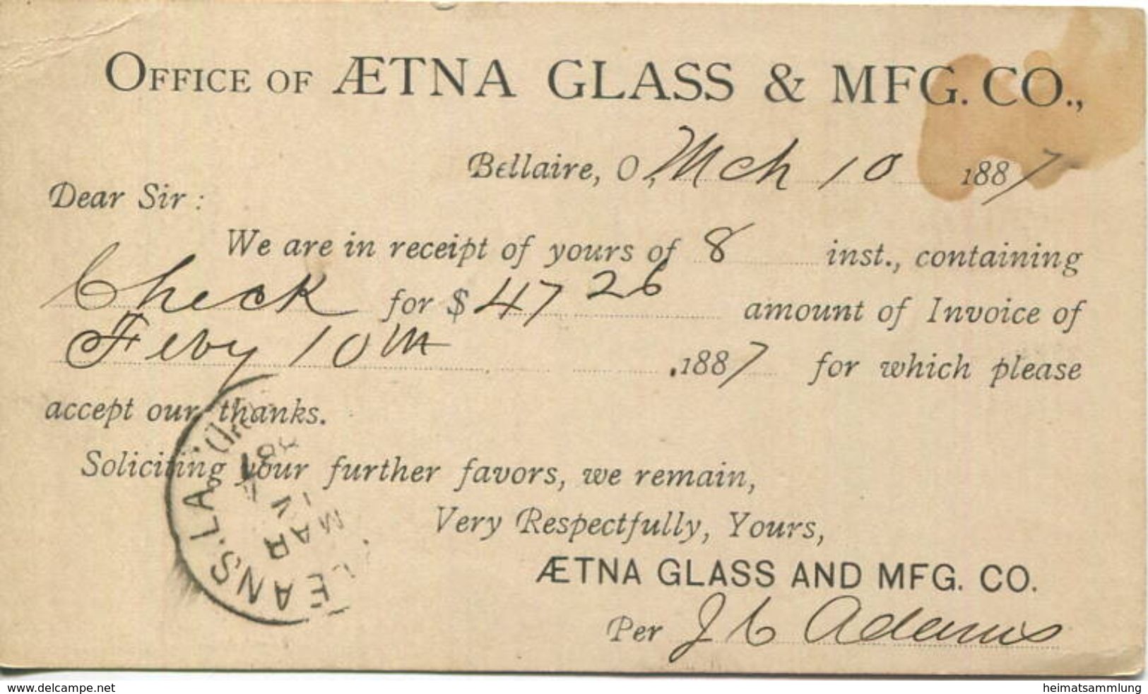 USA - Postkarte Mit Zudruck - Aetna Glass & MFG. Co. - Ganzsache Gel. 1887 - ...-1900