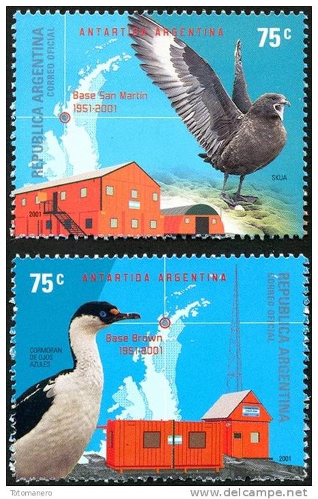 ARGENTINA ANTARTIDA 2001, Polar Birds And Antarctic Bases 2v** - Bases Antarctiques