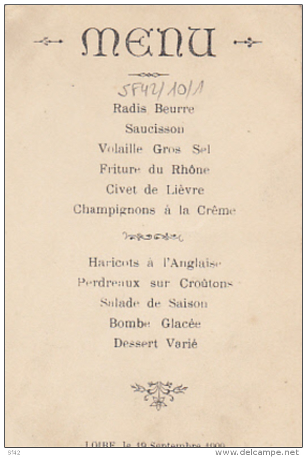 LOIRE SUR RHONE         RESTAURANT DUMAS . DILIGENCE .  MENU AU DOS DU 19 09 1909 - Loire Sur Rhone