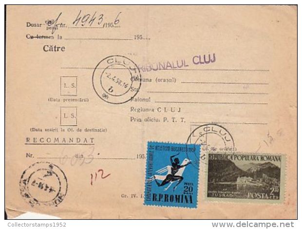 64436- ATHLETICS, TUSNAD RESORT, STAMPS ON COURTHOUSE NOTIFICATION, 1958, ROMANIA - Covers & Documents