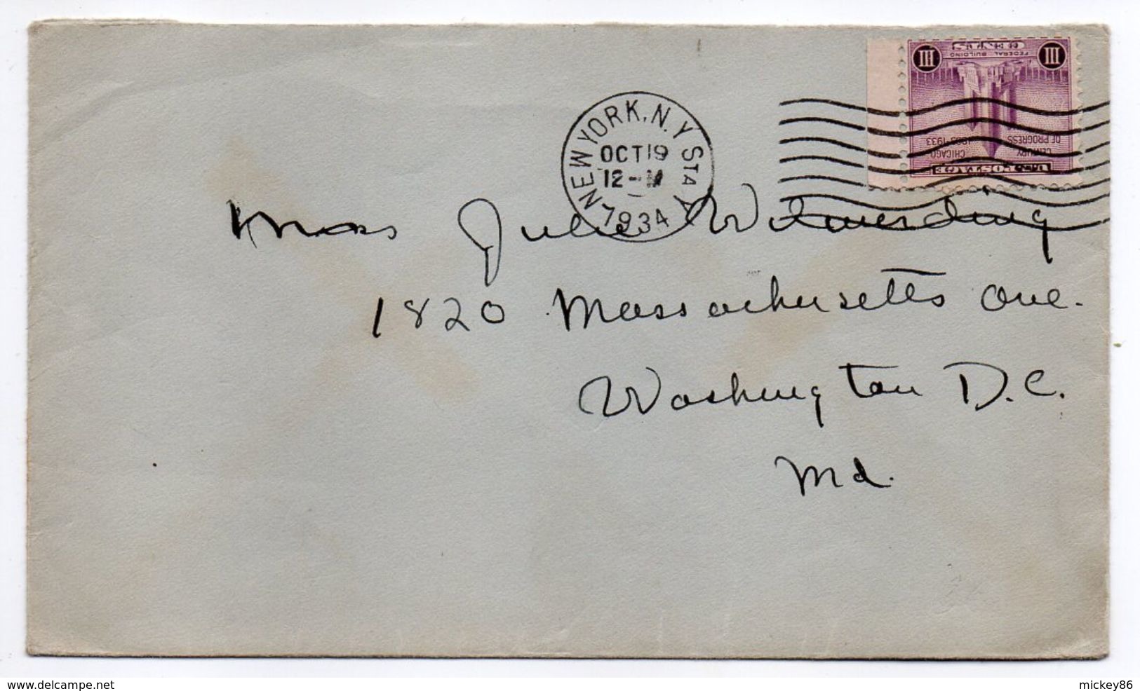 USA--1934--Lettre De NEW-YORK  Pour WASHINGTON - Timbre Seul Sur Lettre -- Beau Cachet Mécanique - Briefe U. Dokumente