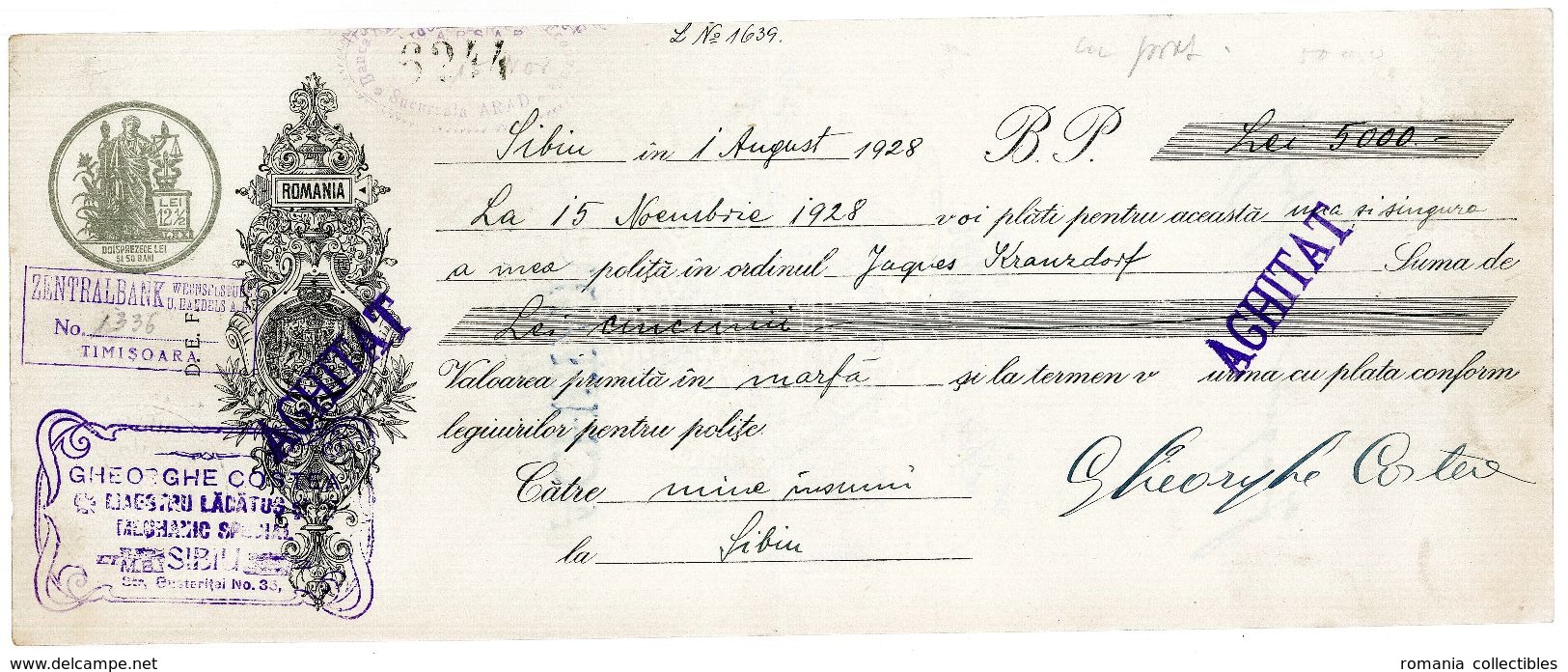 Romania, 1928, Vintage Cheque Order / Promissory Note - Arad - Chèques & Chèques De Voyage