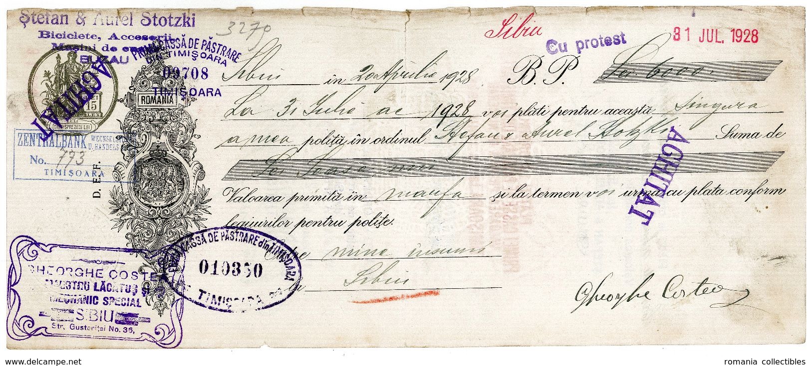 Romania, 1928, Vintage Cheque Order / Promissory Note - Timisoara - Chèques & Chèques De Voyage