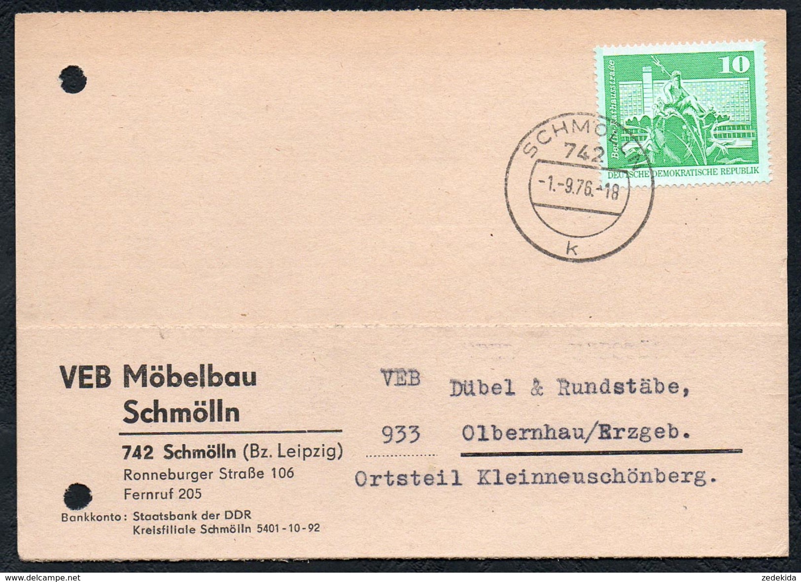 A6249 - Alte Postkarte - Bedarfspost - Schmölln - VEB Möbelbau Nach Olbernhau 1976 - Schmölln