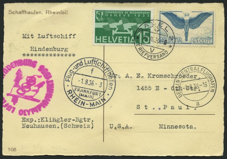 ZULEITUNGSPOST 427 BRIEF, Schweiz: 1936, Olympiafahrt, Prachtkarte - Zeppelins