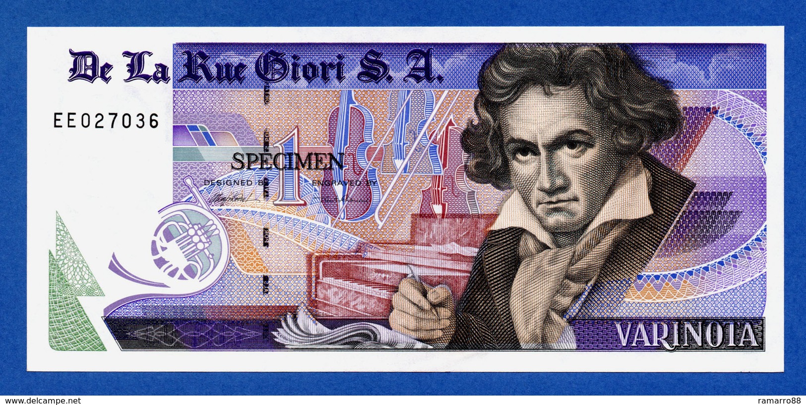 De La Rue Giori S.A. Varinota Beethoven - Black Serial Number - Specimen Test Note Unc - Ficción & Especímenes