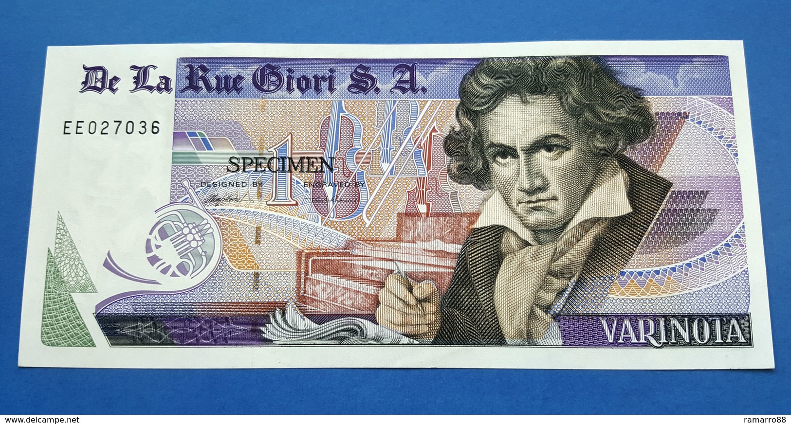 De La Rue Giori S.A. Varinota Beethoven - Black Serial Number - Specimen Test Note Unc - Specimen