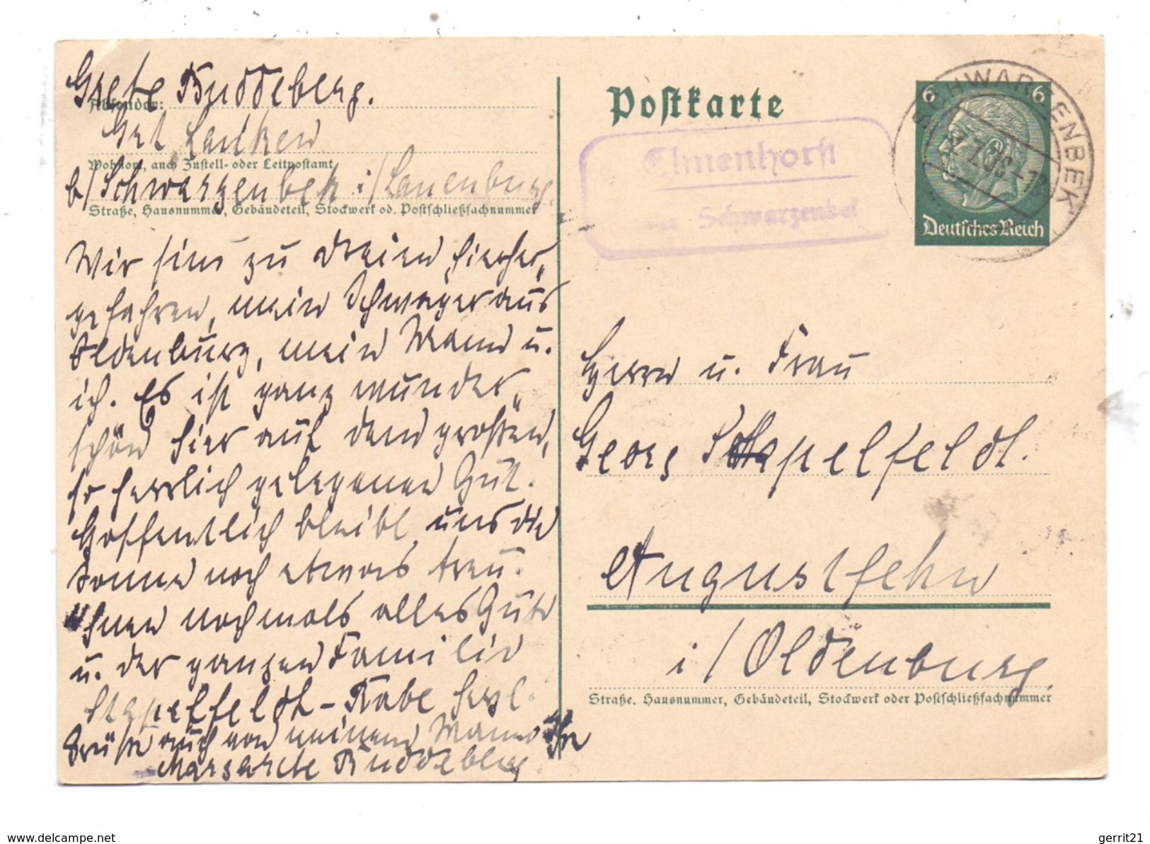 2053 ELMENHORST - Postgeschichte, Landpostsempel Elmenhorst über Schwarzenbek, 1938 - Schwarzenbeck