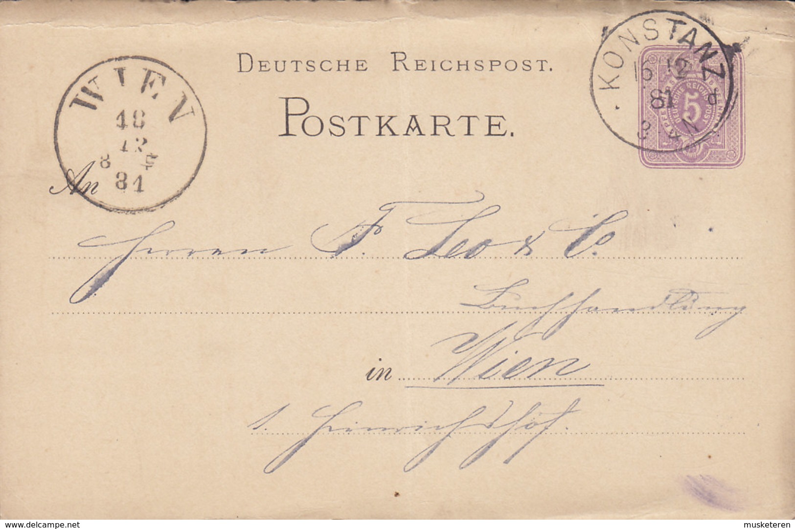 Germany Deutsche Reichspost Postal Stationery Ganzsache 5 Pf. KONSTANZ 1881 WIEN Austria (2 Scans) - Cartoline