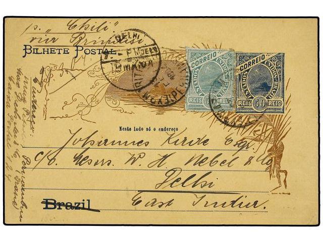 BRASIL. Sc.168. 1904. PERNAMBUCO A DELHI (India). Entero Postal De 50 Reis Con Franqueo Adicional De 50 Reis Verde. Lleg - Autres & Non Classés