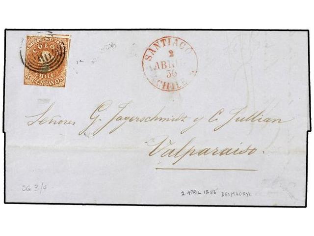 CHILE. Sc.3. 1856. SANTIAGO A VALPARAISO. 5 Ctvos. Castaño Rojo DESMADRYL. Sello Con Cuatro Margenes. - Autres & Non Classés