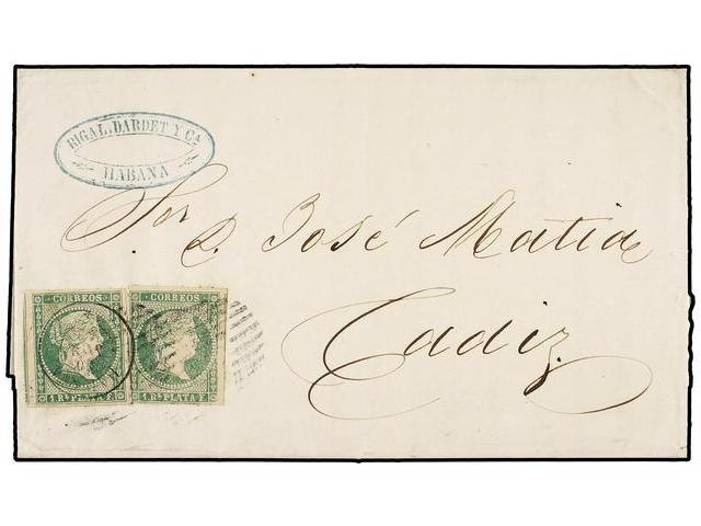 CUBA. Ant.8 (2). 1863. HABANA A CADIZ. 1 Real Verde (2). Mat. PARRILLA Y Fechador De LA HABANA/*. MAGNÍFICA. - Autres & Non Classés