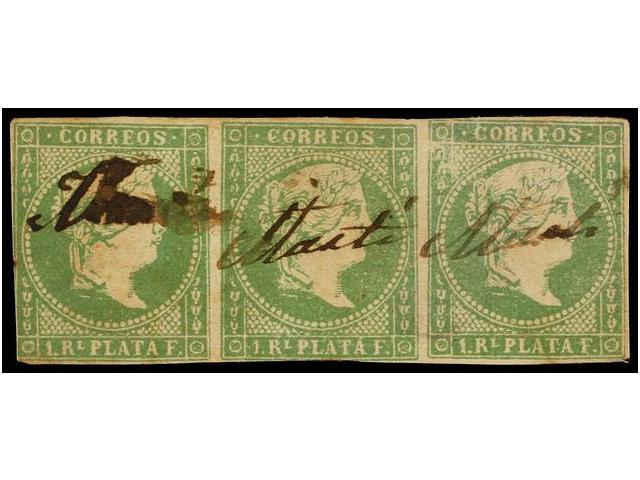 ° CUBA. Ant.8F. 1 Real Verde. FALSO POSTAL Tipo III (Guerra Tipo I). Tira De Tres. Mat. Manuscrito ´Marti´. - Autres & Non Classés