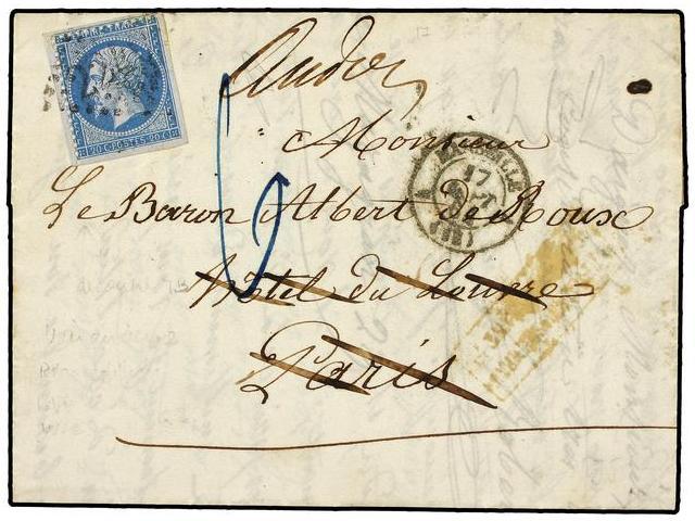 FRANCIA. Yv.22. 1864. MARSELLA A PARIS. 20 Cts. Azul Reexpedida A WIESBADEN (Alemania), Marca De Franqueo Insuficiente Y - Autres & Non Classés