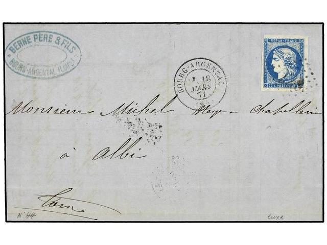 FRANCIA. Yv.44A. 1871. BOURG-ARGENTAL A ALBI. 20 Cts. Azul, Tipo I, Color Muy Fuerte, Grandes Margenes (apenas Toca En E - Autres & Non Classés