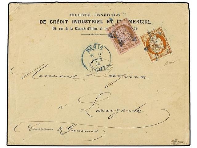 FRANCIA. Yv.38,54. 1876. PARIS A LAUZERTE. 10 Cts. Castaño Y 40 Cts. Naranja Mat. Estrella De París En AZUL. RARA. F. BA - Autres & Non Classés