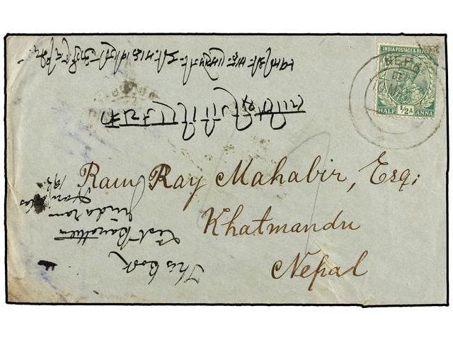 NEPAL. 1915 (7.5). BOMBAY To KATHMANDU. 1/2 Anna Green Indian Stamp Tied By NEPAL Cds. On Arrival. - Autres & Non Classés
