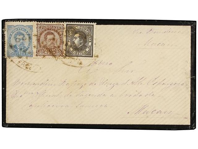 PORTUGAL. Af.52, 57, 58. 1887. PORTUGAL A MACAO. 5 Reis Negro, 25 Reis Castaño Y 50 Reis Azul. Precioso Franqueo Tricolo - Andere & Zonder Classificatie