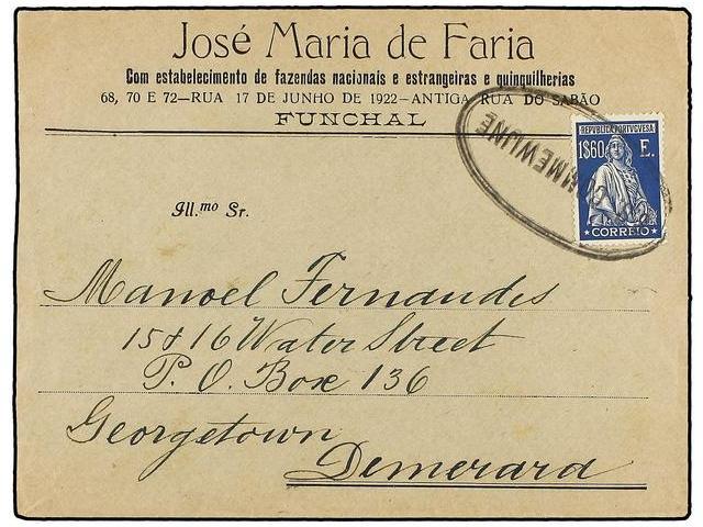 PORTUGAL. Mu.414. (1927 CA.). FUNCHAL A DEMERARA (Guayana Inglesa). 1 Esc. 60 Cts. Azul, Mat. Ovalado Marítimo Holandés - Autres & Non Classés