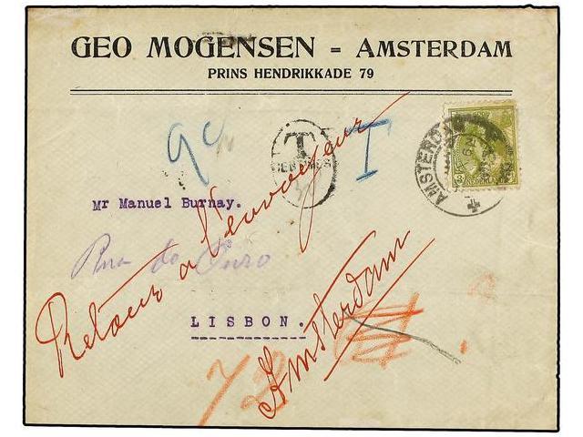 PORTUGAL. 1919. AMSTERDAM (Holanda) A LISBOA. 3 Cts. Verde, Tasada A La Llegada Con Sellos Portugueses De 3 Ctvos. Verde - Autres & Non Classés