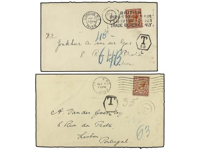 PORTUGAL. 1923. LONDON A LISBOA. 2 Cartas Circuladas Con Sello De 1 1/2 P. Castaño Tasadas A La Llegada Con Sellos Portu - Autres & Non Classés