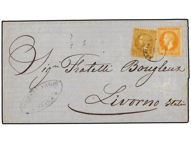 RUMANIA. Mi.41, 44. 1878. BRAILA To LIVORNO (Italy). 5 Bani Bister And 25 Bani Orange With Small BRAILA Cds. Mixed Frank - Autres & Non Classés