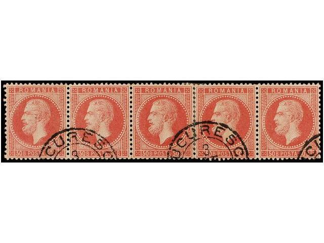 ° RUMANIA. Mi.42 (5). 1872. 50 Bani Rose. Strip Of Five (3+2 Joinet). Very Fine. Michel.+250&euro;. - Autres & Non Classés