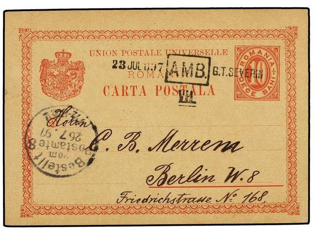 RUMANIA. 1897. SEVERIN To BERLIN. 10 Bani Red Stationery Card Tied By RAILWAY Cancel AMB-VII/G. T. SEVERIN. Fine. - Autres & Non Classés