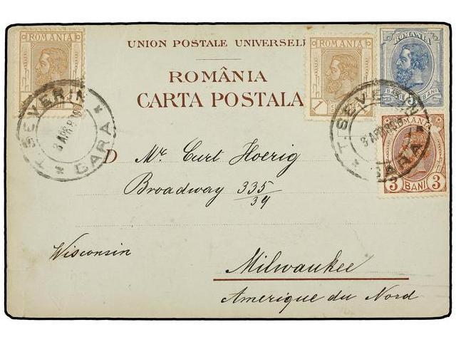 RUMANIA. Mi.99 (2), 101, 102. 1899. Cromolitographic Postcard From SEVERIN To USA. Franked With 1 Bani (2), 3 Bani And 5 - Autres & Non Classés