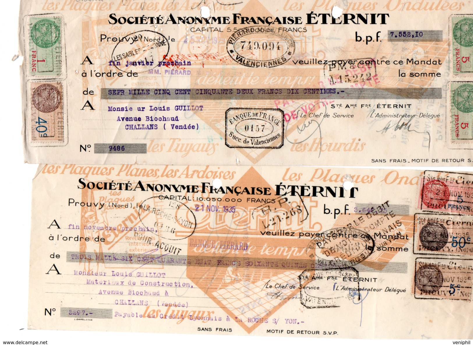 -5 LETTRES DE CHANGE - SOCIETE  FRANCAISE ETERNIT - PROUVY - NORD - 1934- A 1952 - Bills Of Exchange
