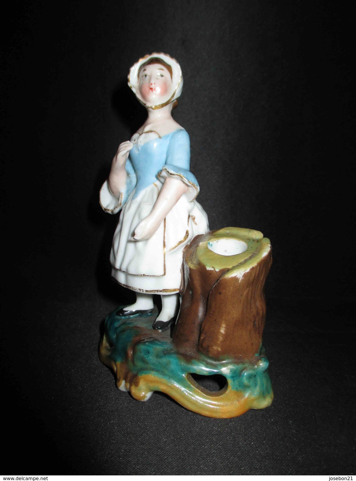 Ancien Encrier Peint En Porcelaine De Vieux Paris Femme Debout Tronc XIX ème - Inkwells