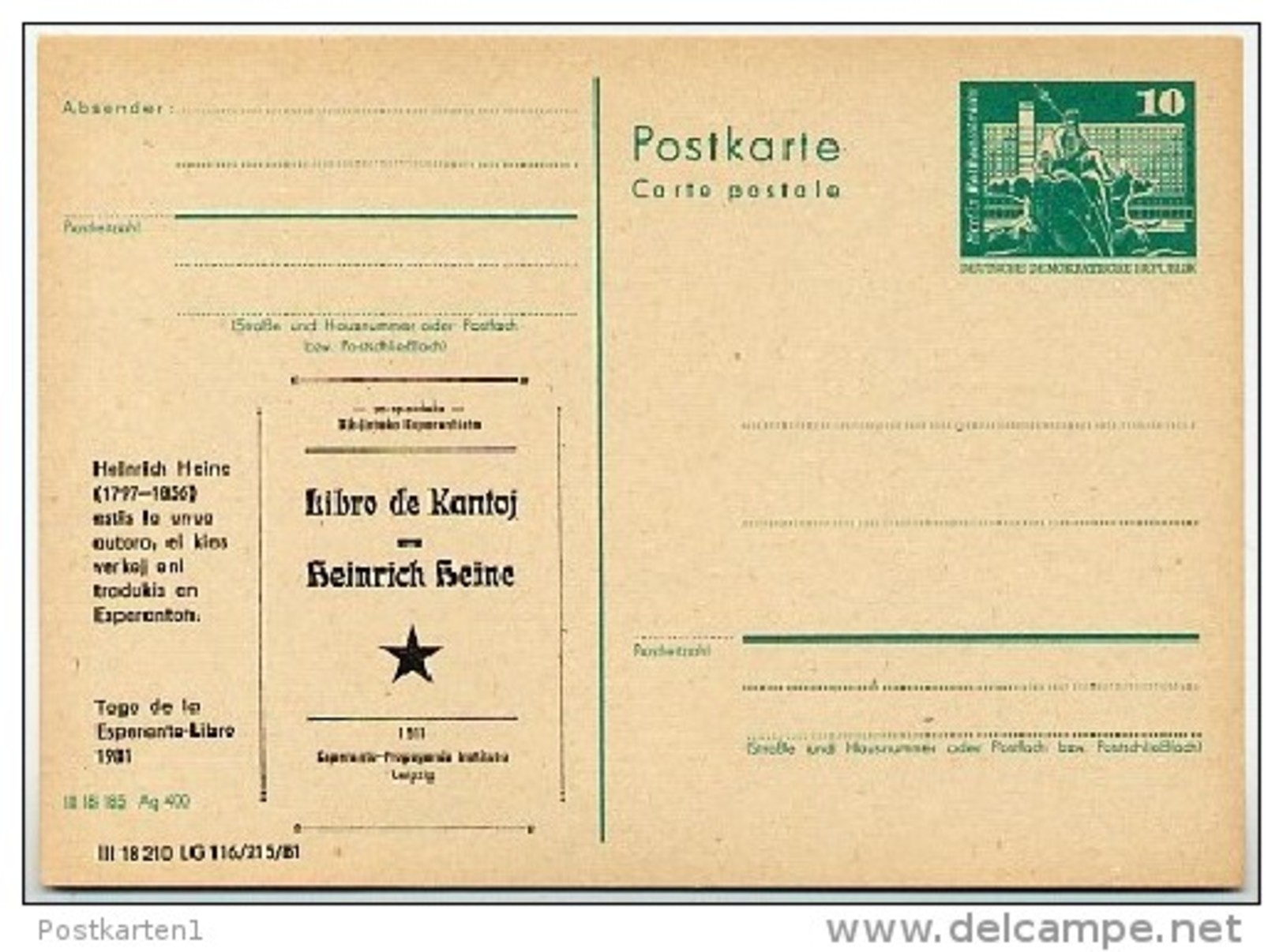 DDR P79-43-81 C174 Postkarte PRIVATER ZUDRUCK Esperanto Heinrich Heine Leipzig 1981 - Cartoline Private - Nuovi