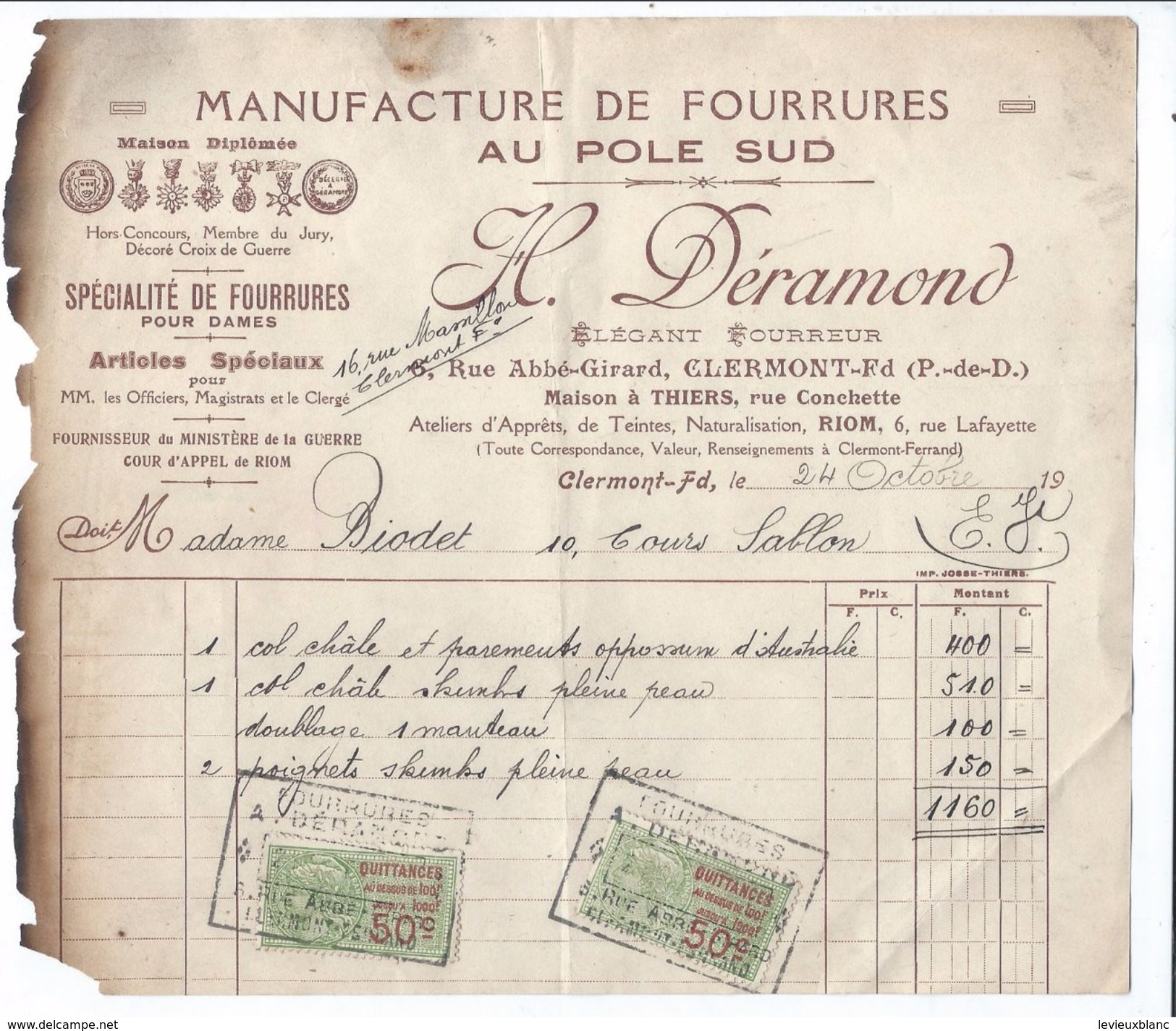 Manufacture De Fourrures /Facture/ H Déramond/ Au Pôle Sud /CLERMONT-FERRAND/ Puy De Dôme/ Vers 1940      FACT203 - Textile & Clothing