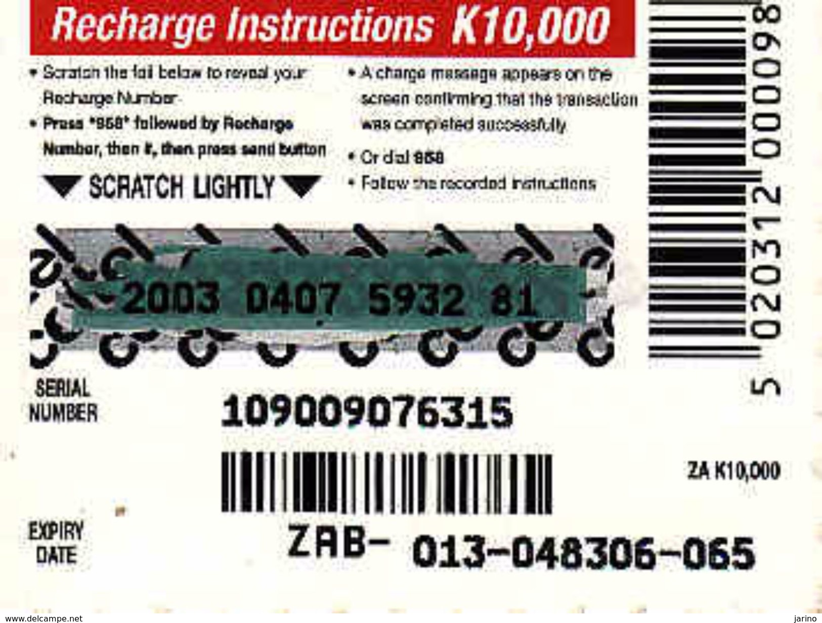 Zambia Celtel K 10 000 Recharge Phonecard, Used - Zambia