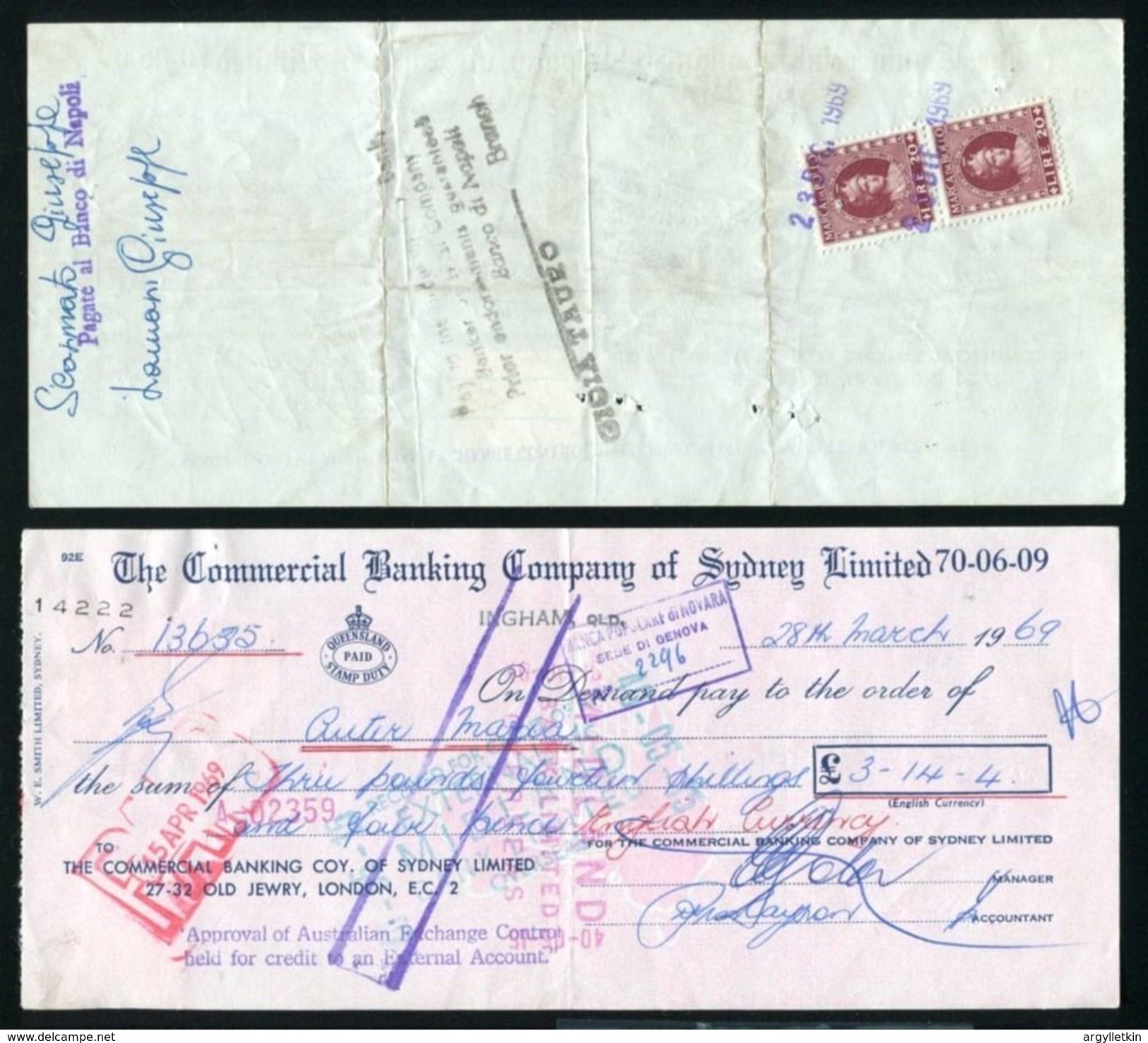 AUSTRALIA ITALY GB CHEQUES MARCA DA BOLLO 1969/70 - Fiscale Zegels