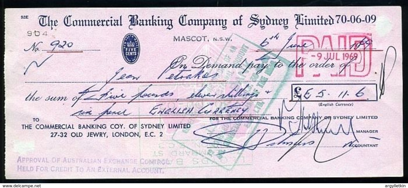 AUSTRALIA GB EGYPT CHEQUE 1969 - Chèques & Chèques De Voyage