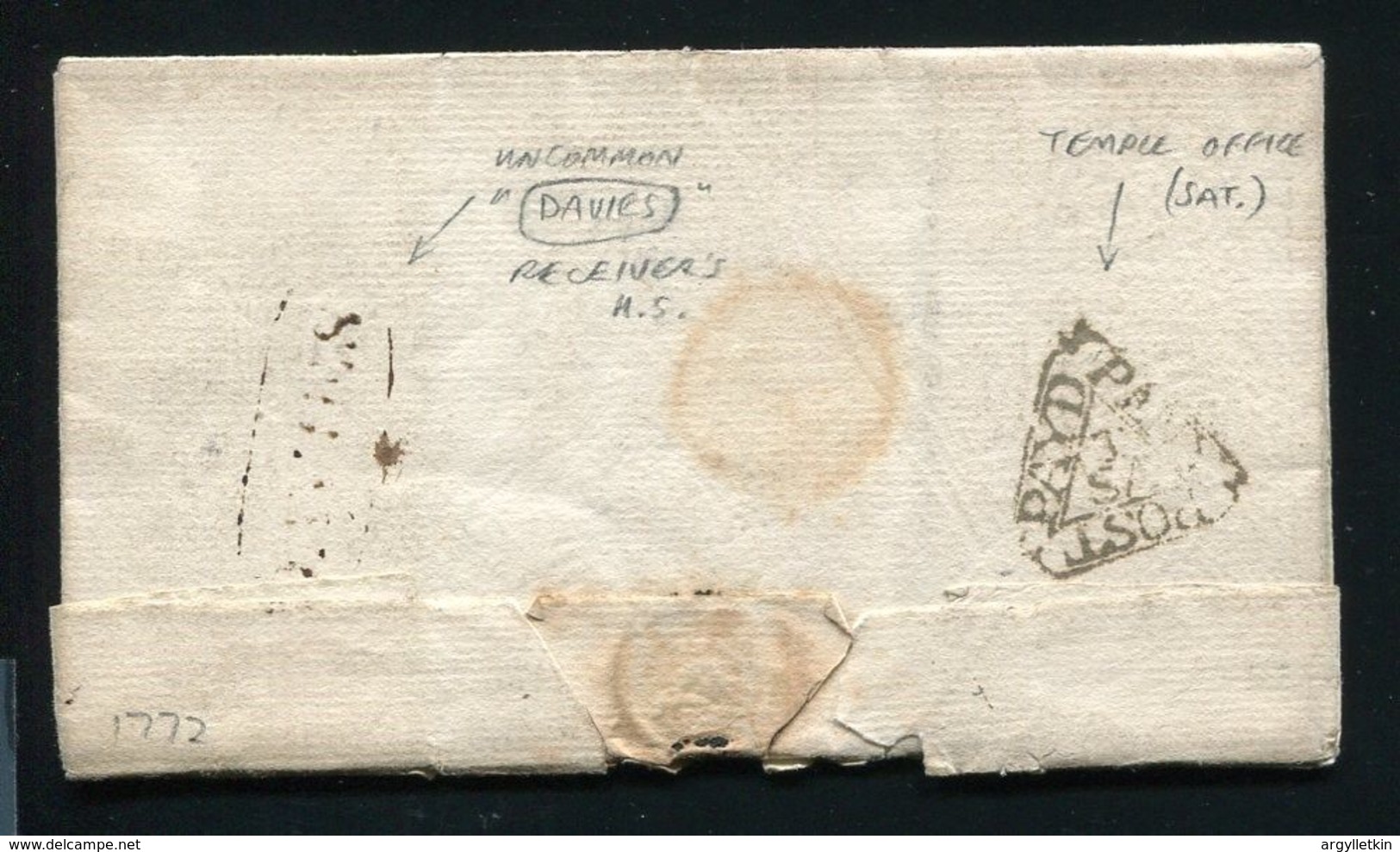 GREAT BRITAIN 1772 LONDON SATURDAY POST DAVIES RECEIVER STAMP - ...-1840 Precursori