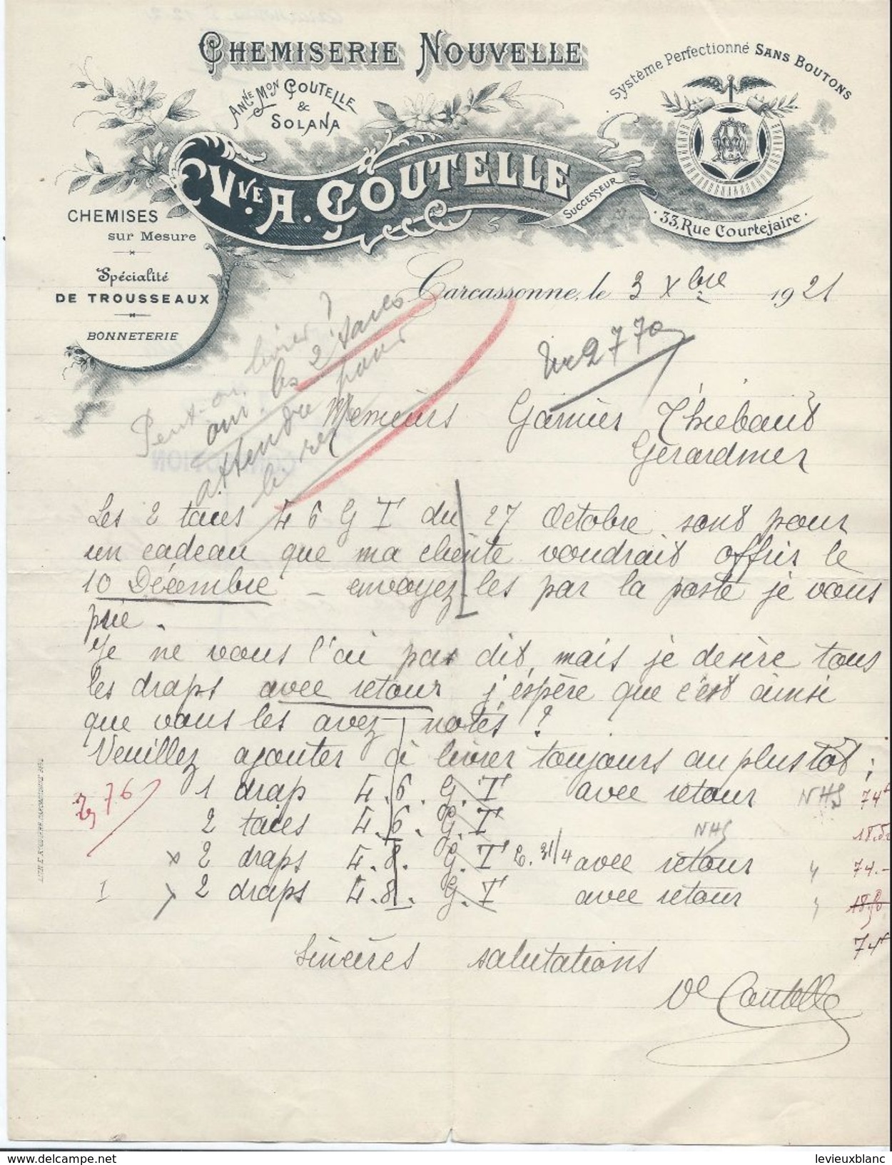 Chemiserie Nouvelle / Spécialité De Trousseaux / Veuve A Coutelle /rue Courtejaire / Carcassonne/ 1921         FACT218 - Kleidung & Textil