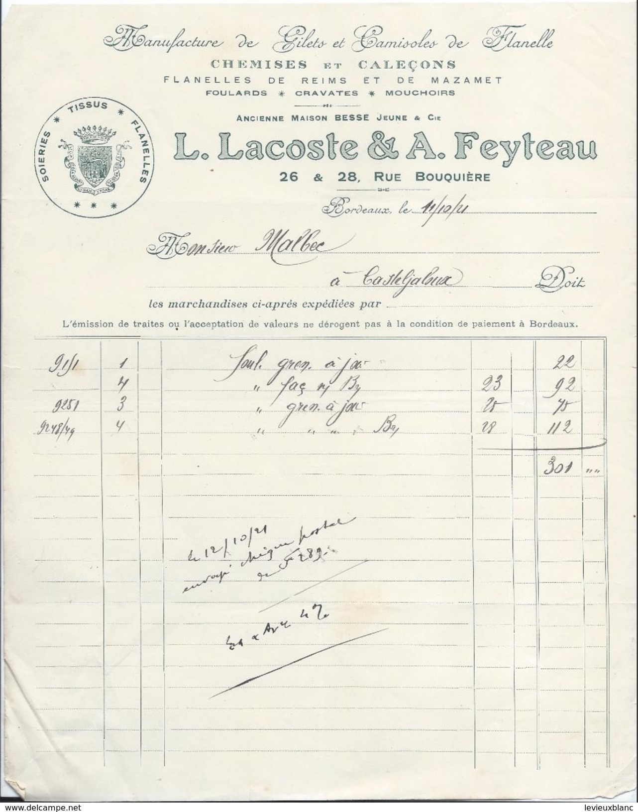 Manufacture De Gilets Et Camisoles De Flanelle/Lacoste & Feyteau/ Rue Bouquiére / BORDEAUX/ 1921    FACT232 - Vestiario & Tessile