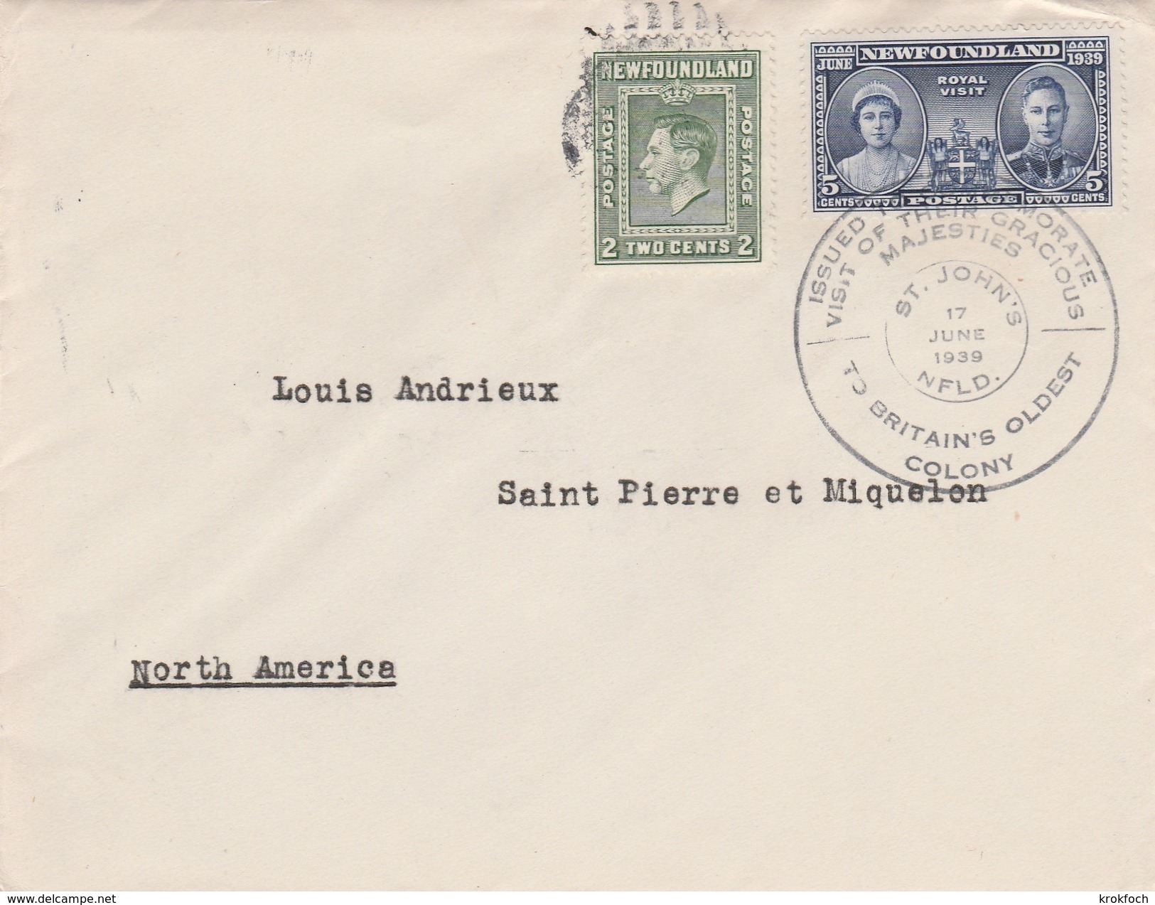 St John's Newfoundland 1939 -  Visit Of The King - Cover To Saint-Pierre Et Miquelon - Letter Brief Lettre - Postal History