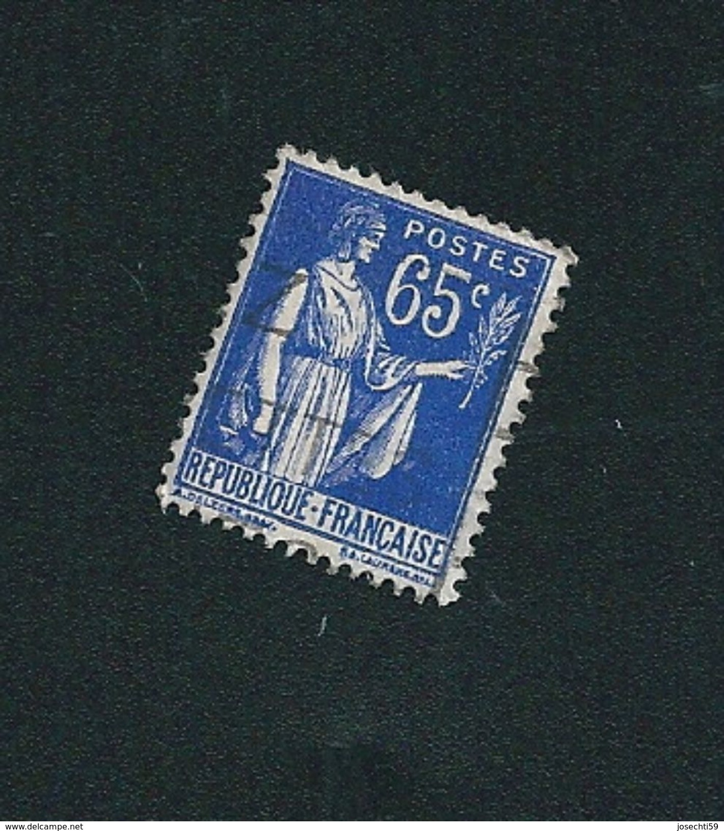 N° 365 Type Paix  65c Timbre France Oblitéré 1937 Variété Sans Ombre Sous Le Bras Gauche - Oblitérés