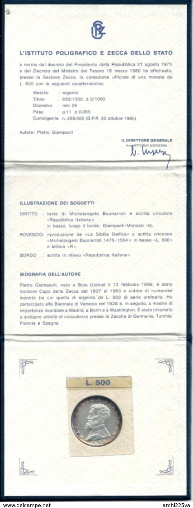 1975 ITALIA - Michelangelo Buonarroti - 500 Lire FDC - Argento / Silver / Argent - Confezione Originale - Set Fior Di Conio