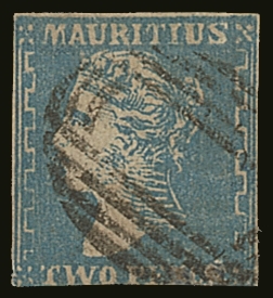 7074 1859 2d Pale Blue Dardenne With HEAVY RETOUCH TO NECK, SG 44a, Used With Neat Barred Cancel & 3 Very Small Margins. - Mauritius (...-1967)