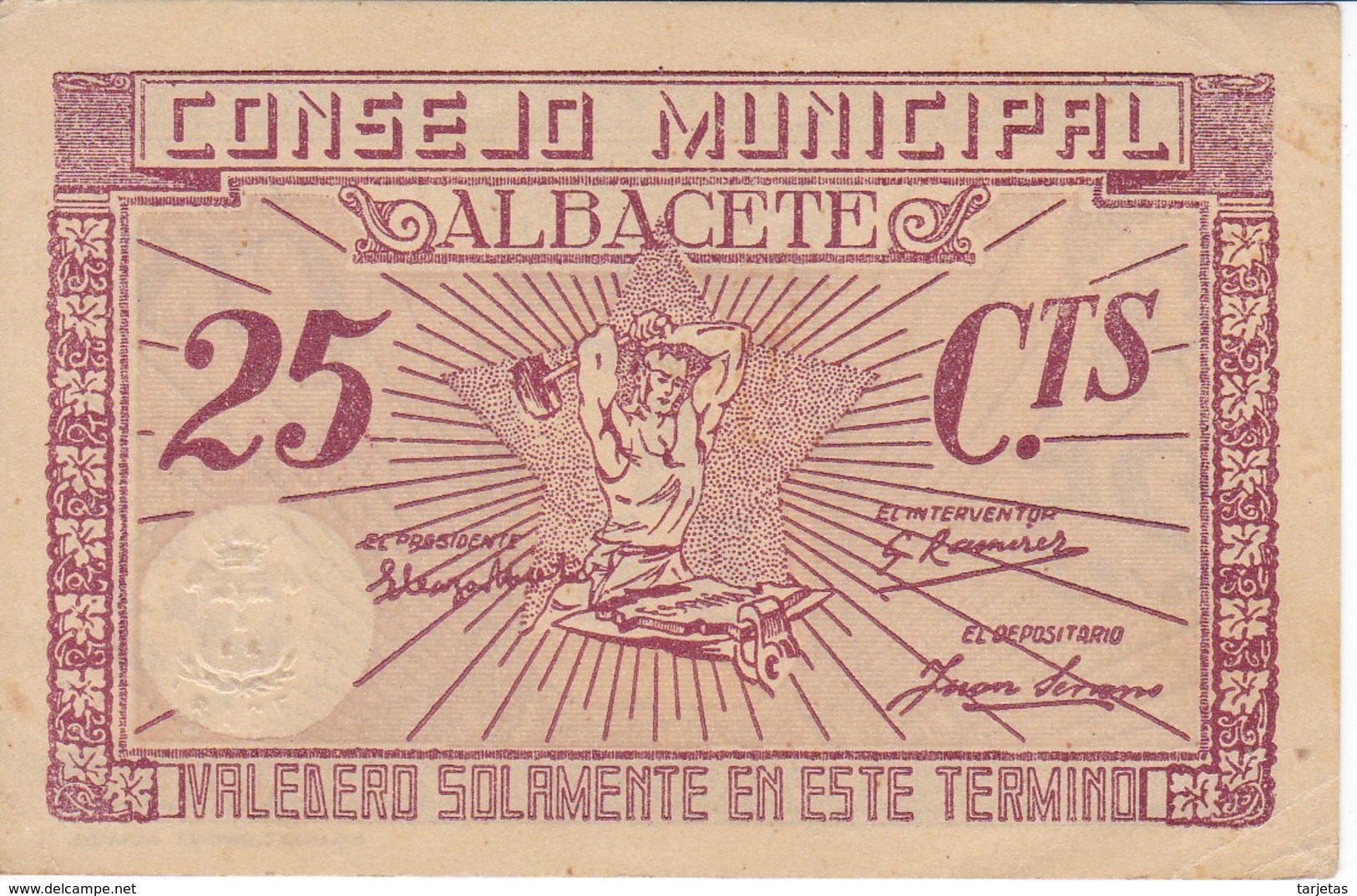 BILLETE DE 25 CENTIMOS DEL CONSEJO MUNICIPAL DE ALBACETE DEL AÑO 1937 CON SELLO SECO    (BANKNOTE) - Sonstige & Ohne Zuordnung