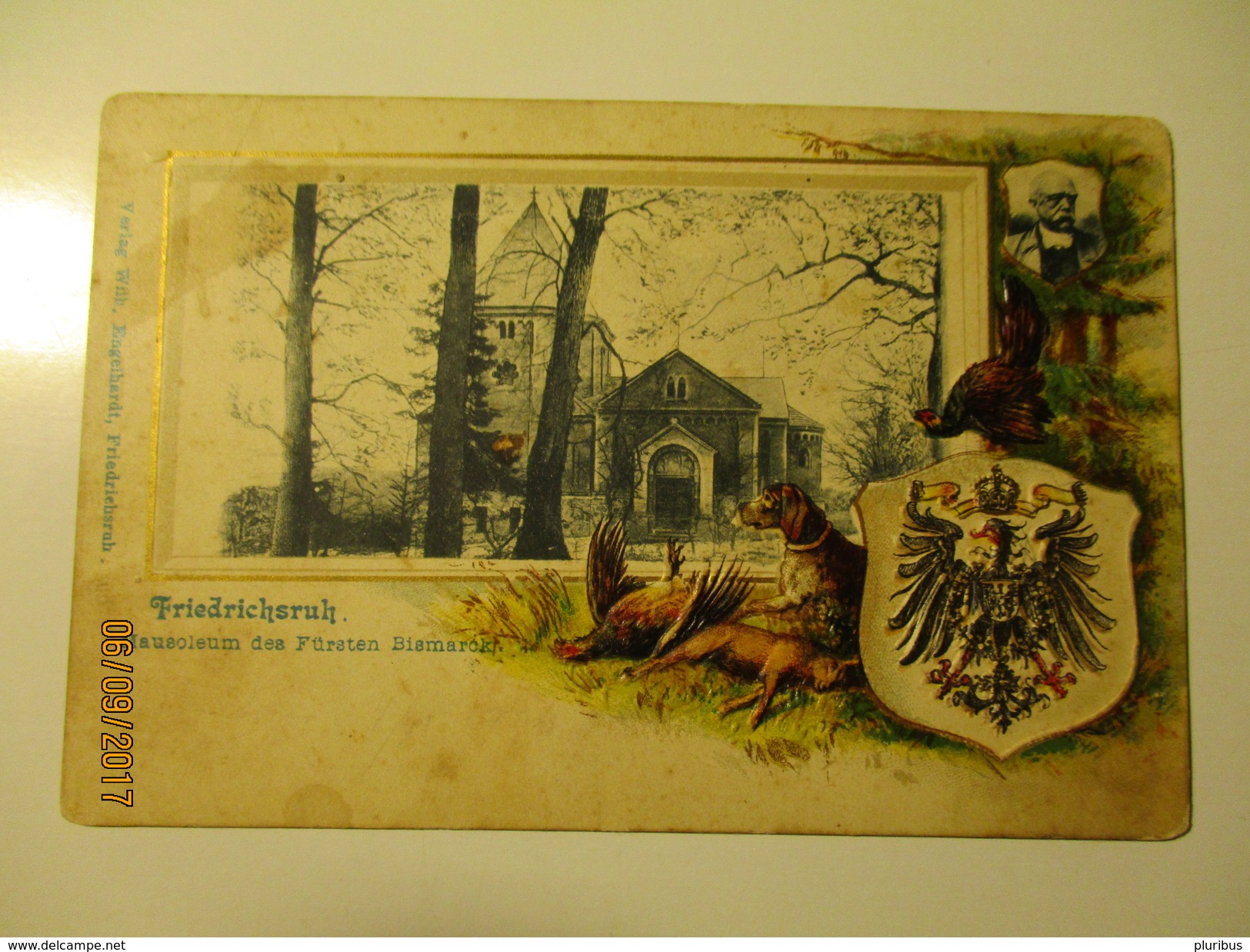 FRIEDRICHSRUH MAUSOLEUM DES FÜRSTEN BISMARCK , HUNTING , DOG , COAT OF ARMS ,  EMBOSSED RELIEF  , OLD POSTCARD , KO - Lauenburg