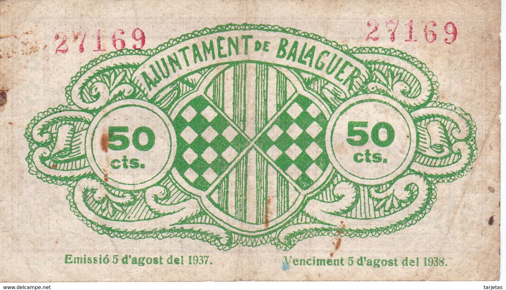 BILLETE DE 50 CENTIMOS DEL AJUNTAMENT DE BALAGUER DEL AÑO 1937     (BANKNOTE) - Sonstige & Ohne Zuordnung