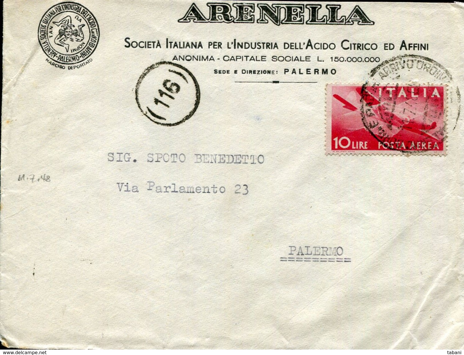 ITALY 1948 PALERMO ARENELLA  SINGLE FRANKING COVER - Lokale/autonome Uitgaven