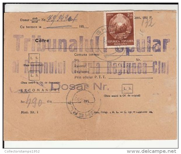 64926- REPUBLIC COAT OF ARMS, STAMPS ON REGISTERED DOCUMENT, 1952, ROMANIA - Covers & Documents