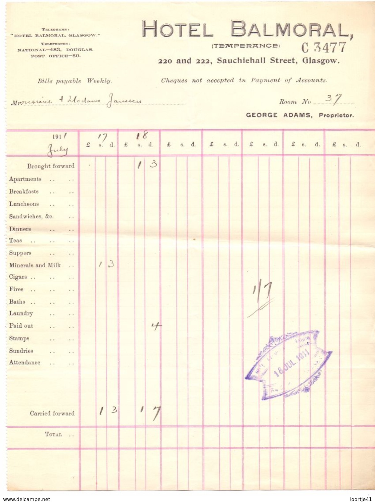 Factuur Facture Reçu  Note Bill - Hotel Balmoral - Glasgow 1911 - United Kingdom