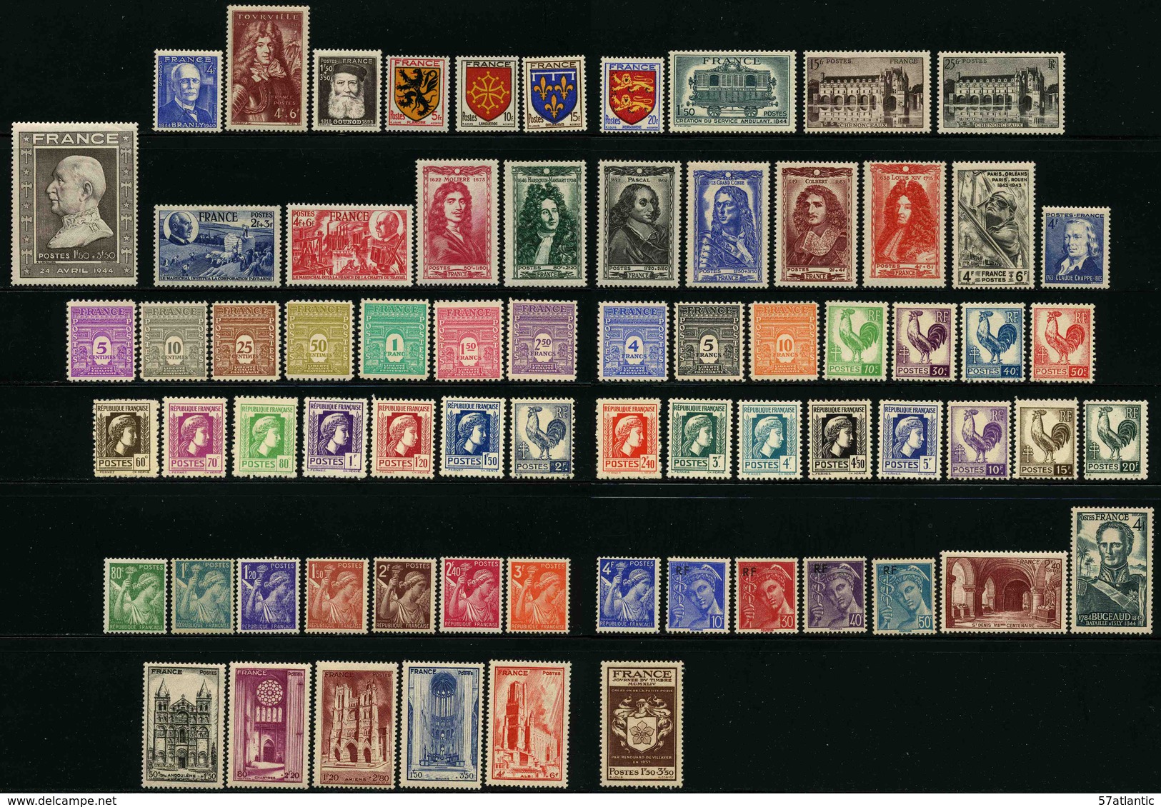 FRANCE - ANNEE COMPLETE 1944 - YT 599 à 668 ** - 70 TIMBRES NEUFS ** - 1940-1949